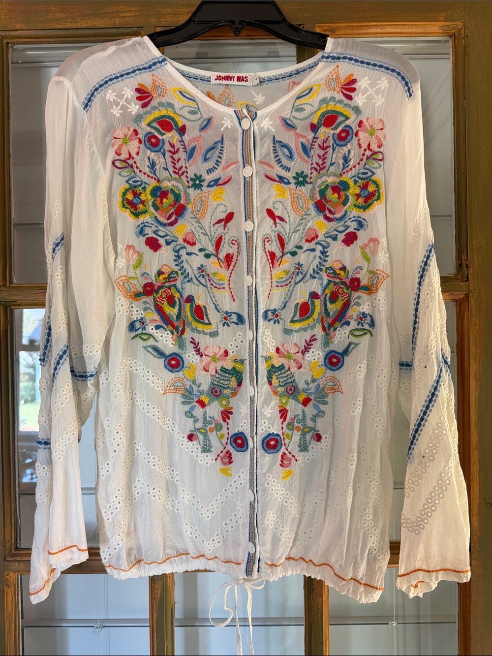 Johnny Was White Eyelet Tunic with Multicolor Floral Embroidery